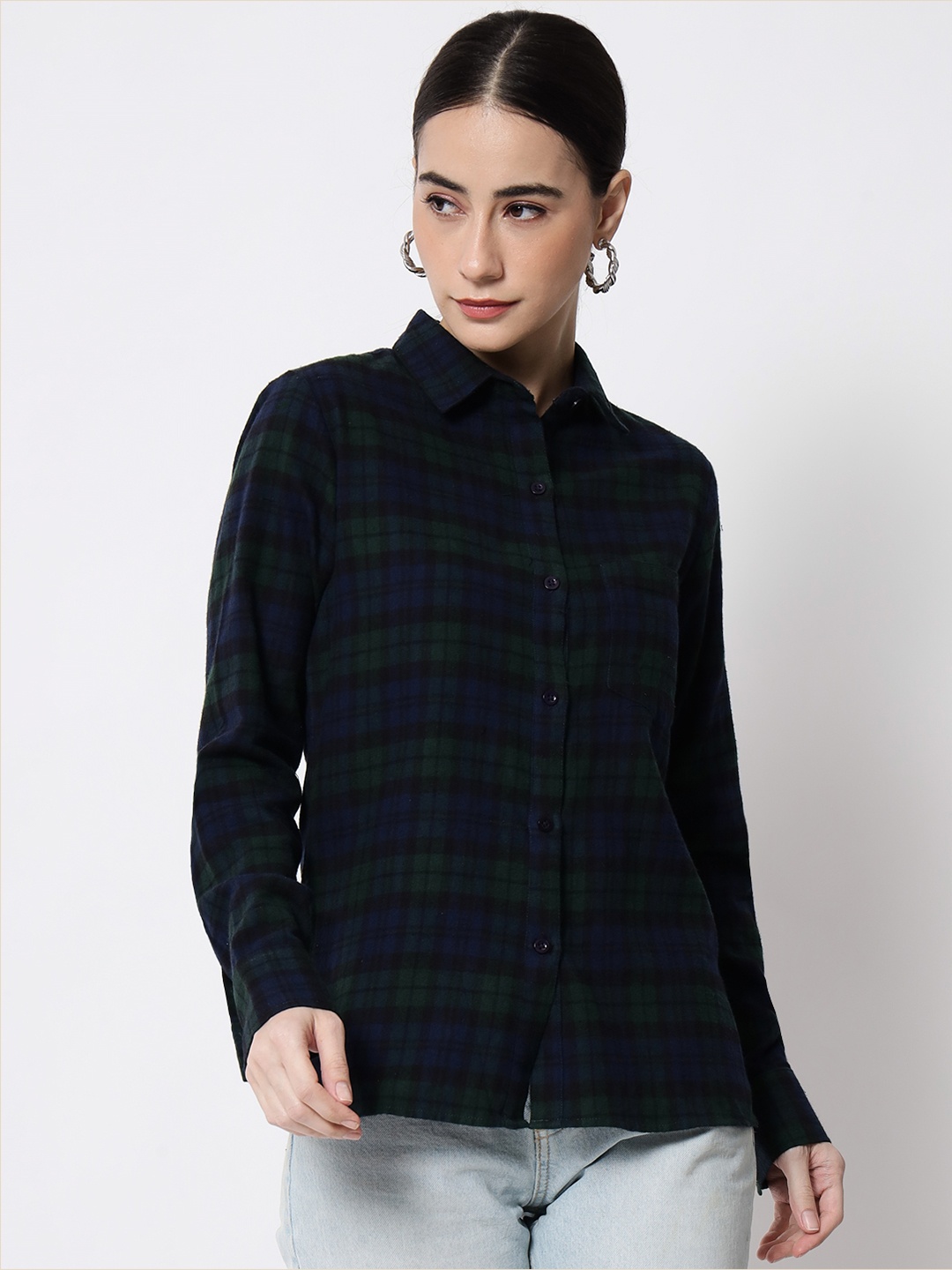 

CHARMGAL Women Navy Blue & Green Regular Fit Tartan Checked Pure Cotton Casual Shirt