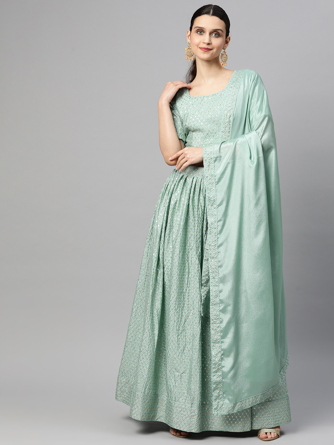 

Readiprint Fashions Sage Green & Gold-Toned Sequinned Unstitched Lehenga & Blouse Dupatta