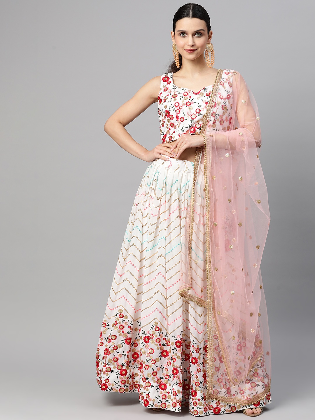 

Readiprint Fashions White & Gold Sequinned Unstitched Lehenga & Blouse With Dupatta