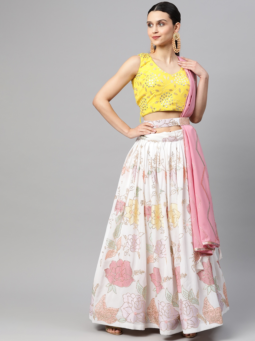 

Readiprint Fashions White & Yellow Embroidered Thread Work Unstitched Lehenga & Blouse With Dupatta
