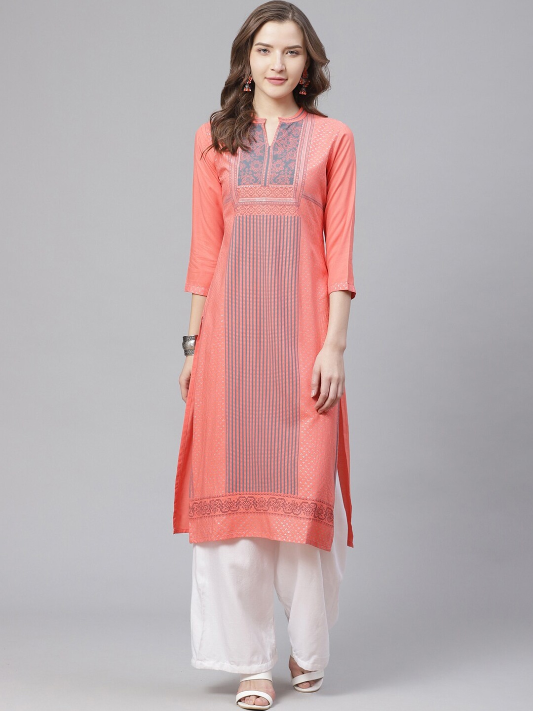 

Bani Women Women Peach-Coloured & Grey Ethnic Motifs Printed Kurta