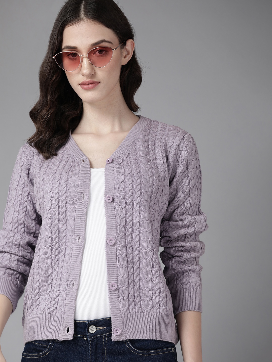 

Roadster Women Mauve Solid Cardigan