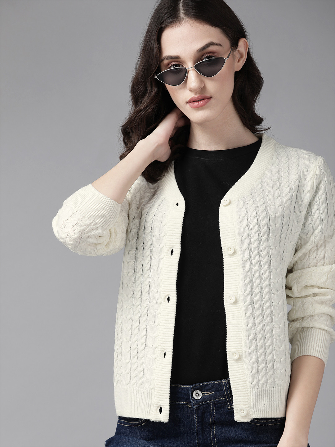 

Roadster Women Off White Solid Cardigan