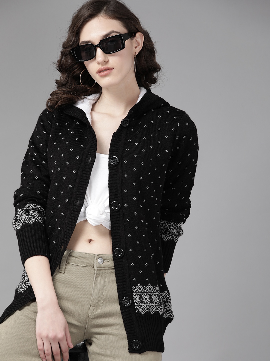 

Roadster Women Black & White Ethnic Motifs Cardigan