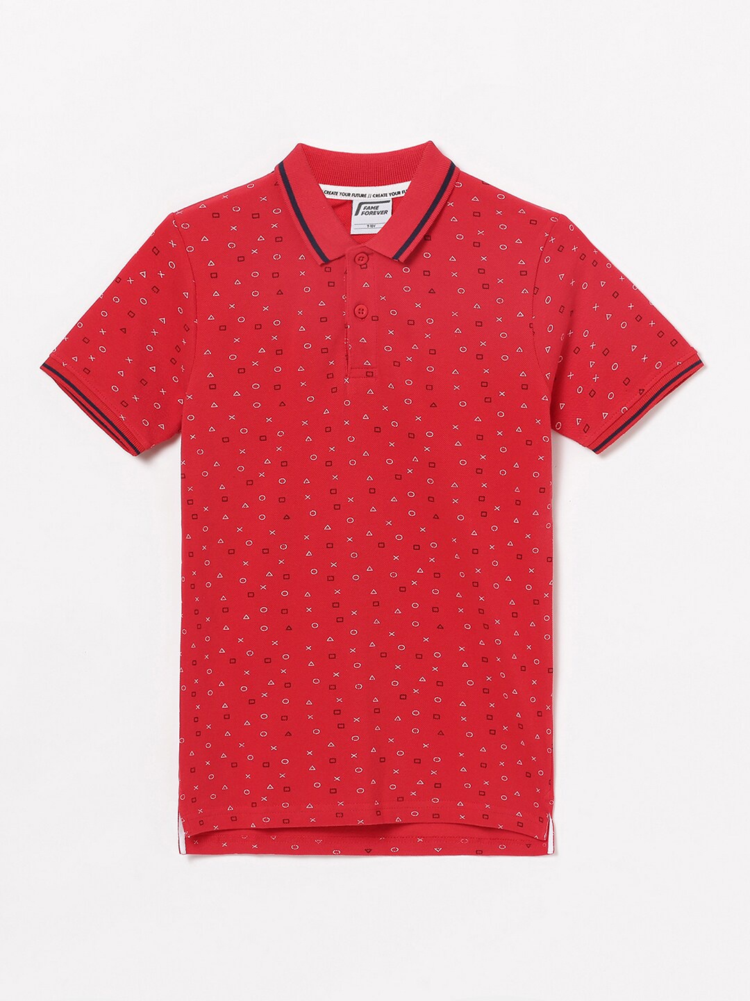 

Fame Forever by Lifestyle Boys Geometric Printed Polo Collar Pure Cotton T-shirt, Red