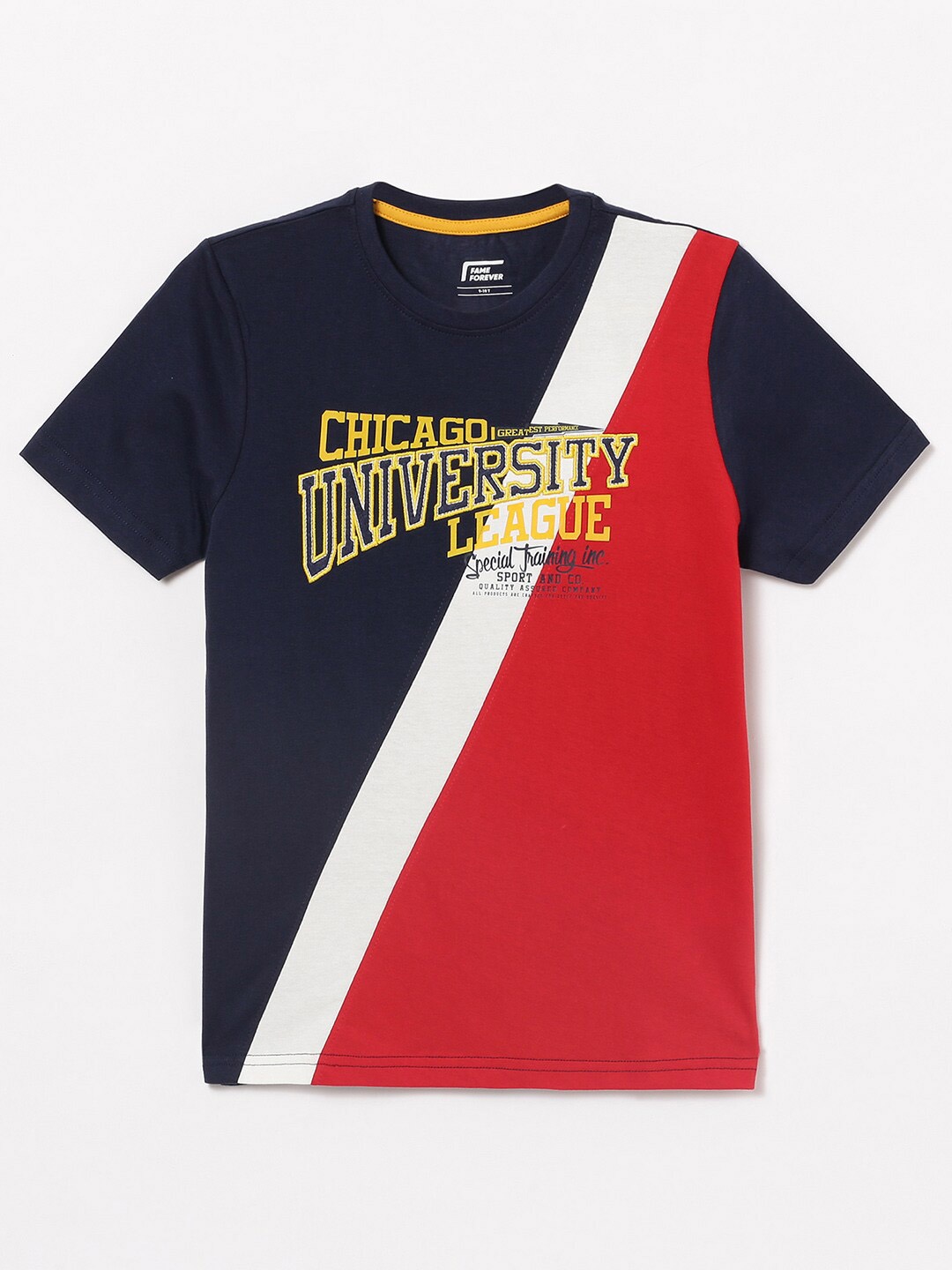 

Fame Forever by Lifestyle Boys Typography Printed Color Blocked Pure Cotton T-shirt, Navy blue