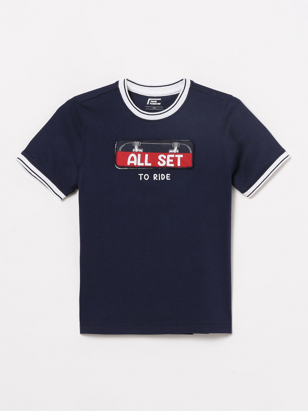 

Fame Forever by Lifestyle Boys Typography Printed Pure Cotton Applique T-shirt, Navy blue