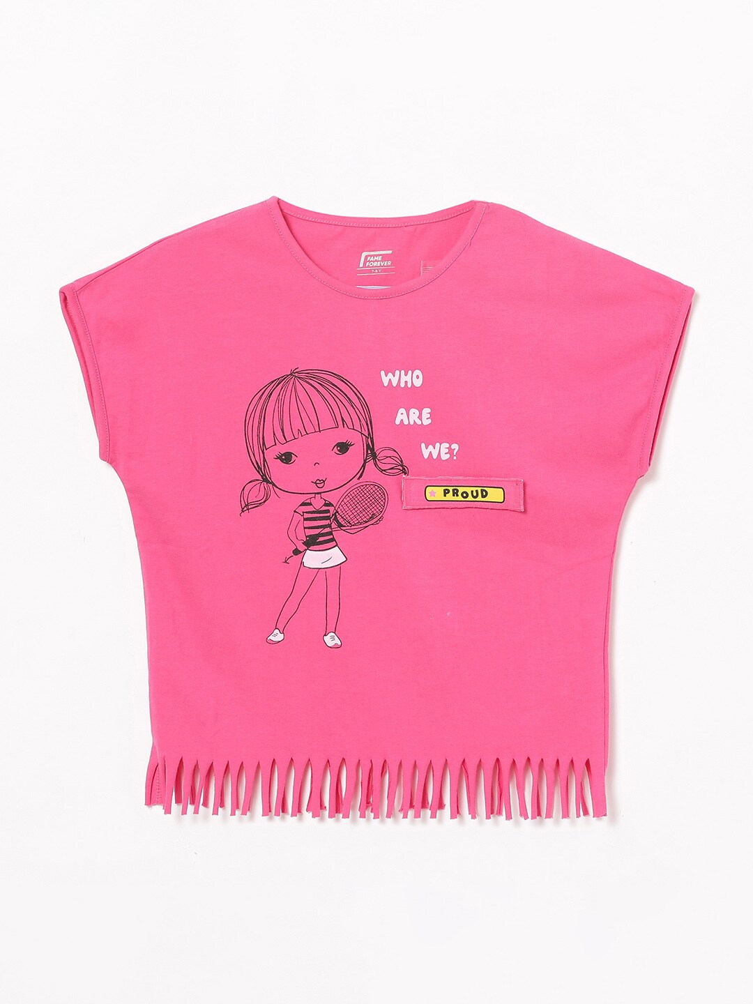 

Fame Forever by Lifestyle Girls Printed Extended Sleeves Pure Cotton Raw Edge T-shirt, Pink