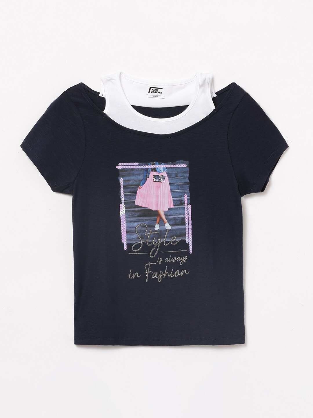 

Fame Forever by Lifestyle Girls Printed Pure Cotton T-shirt, Navy blue
