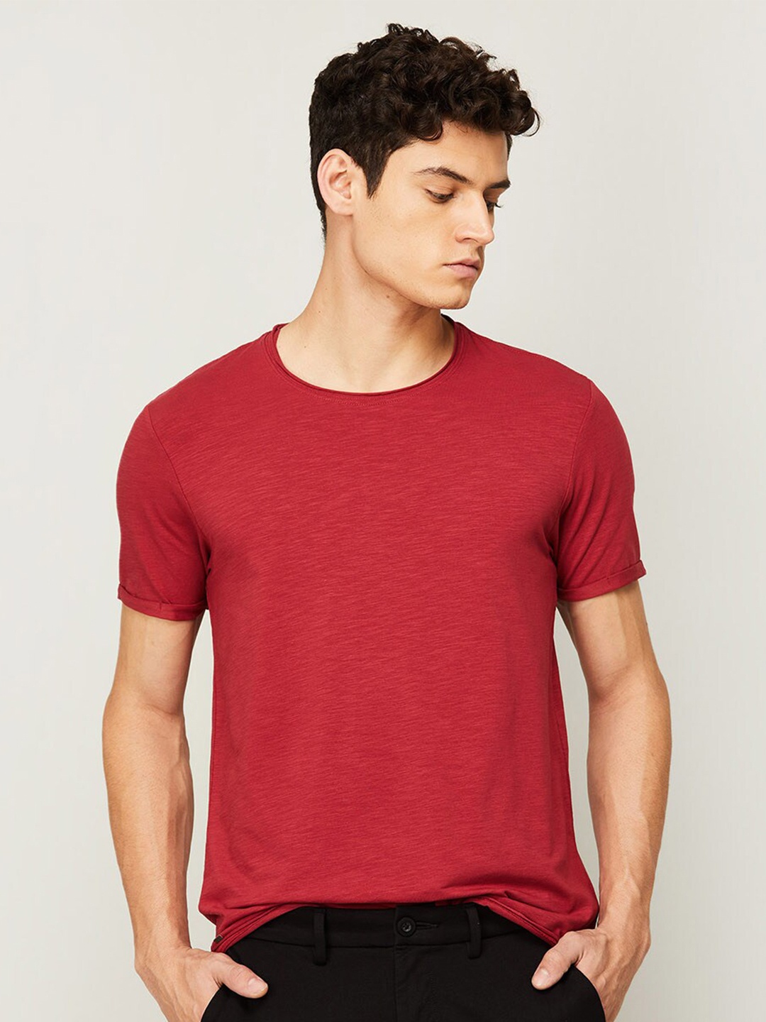 

Forca by Lifestyle Men Solid Round Neck Cotton T-shirt, Red