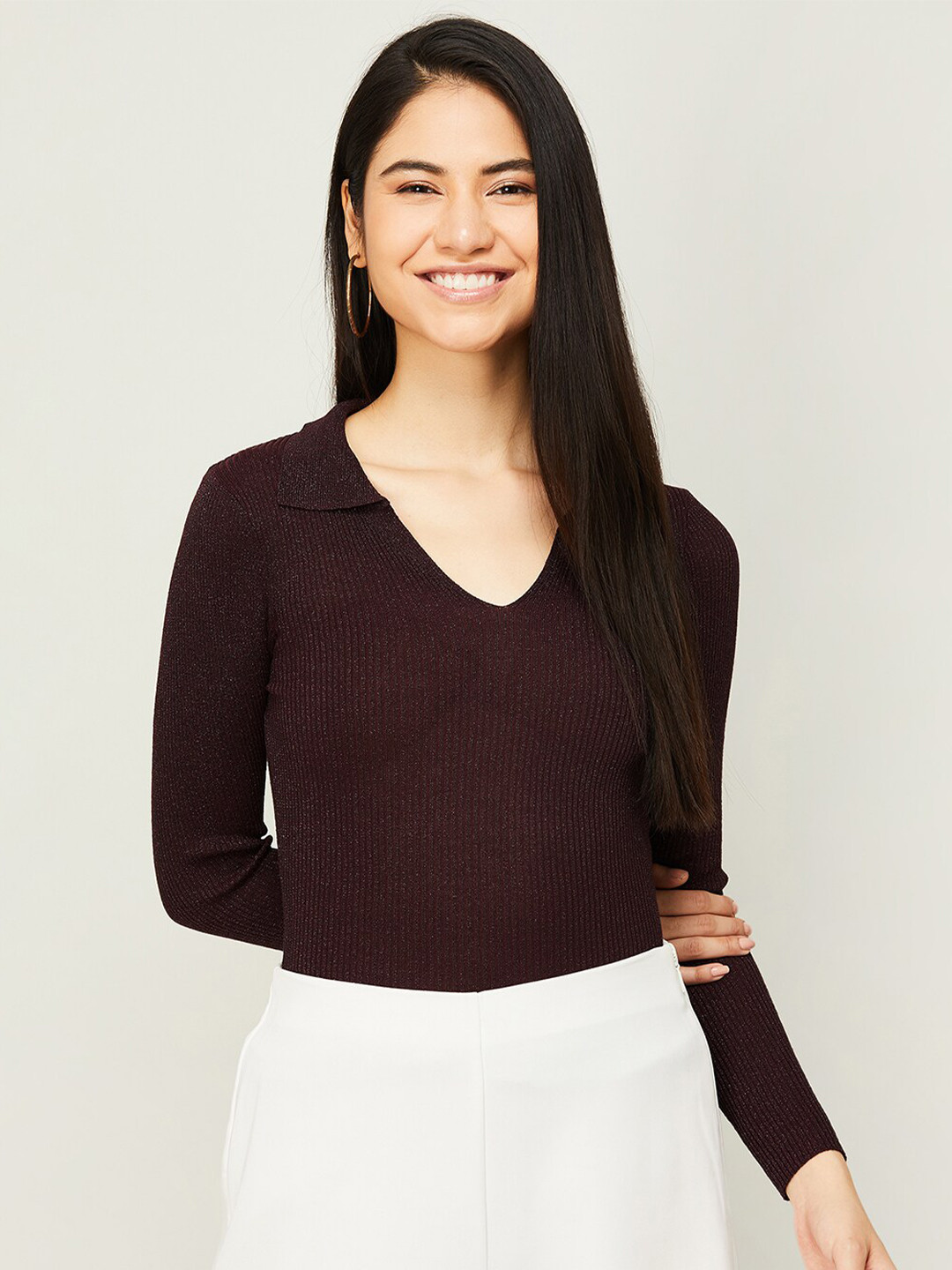 

CODE by Lifestyle Burgundy Self Design Knitted Top