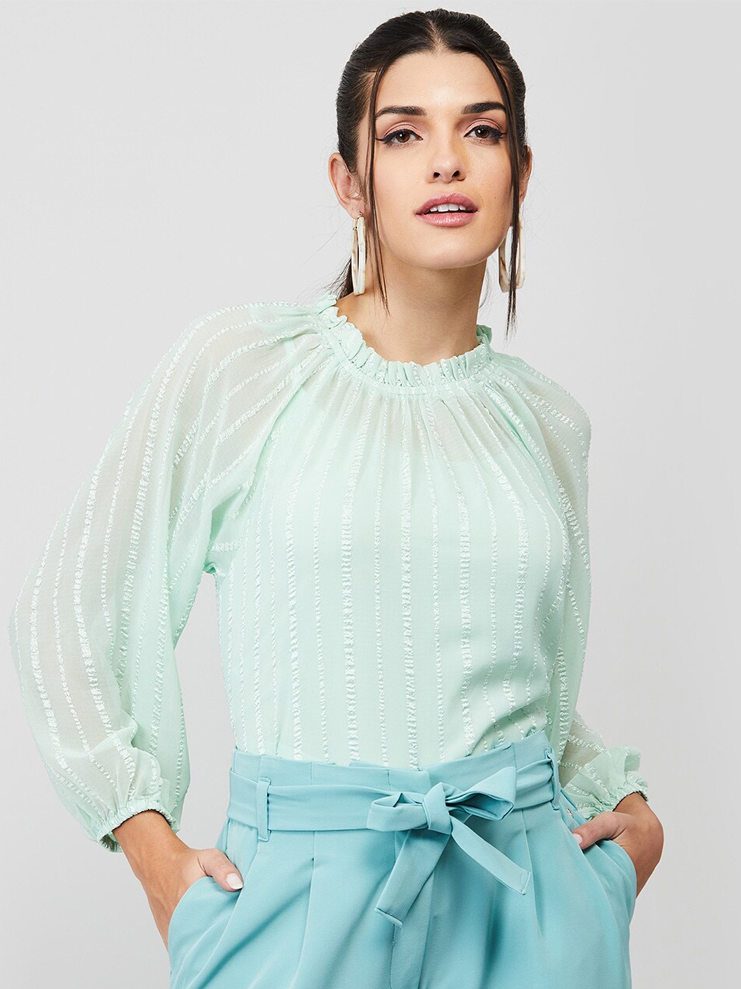 

CODE by Lifestyle Solid Puff Sleeves Top, Green