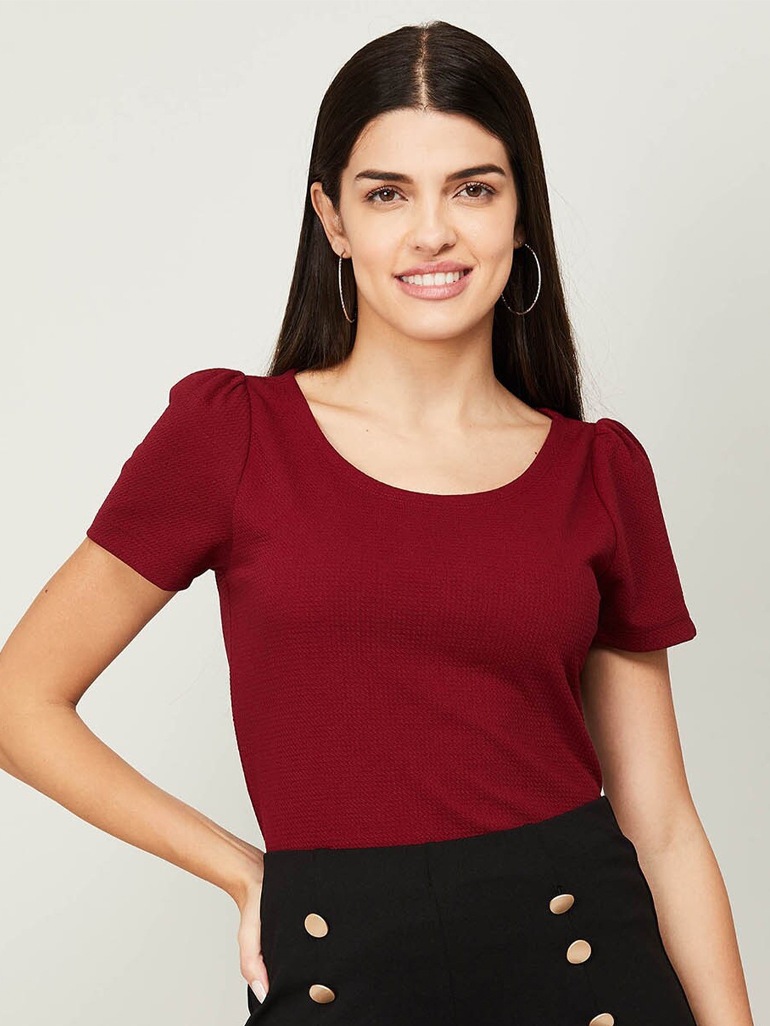 

CODE by Lifestyle Solid Cotton Puff Sleeves Top, Red