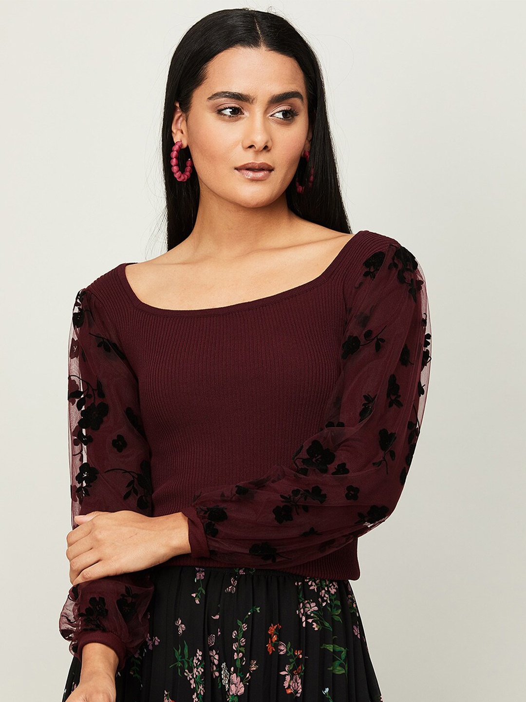 

CODE by Lifestyle Solid Puff Sleeves Top, Maroon