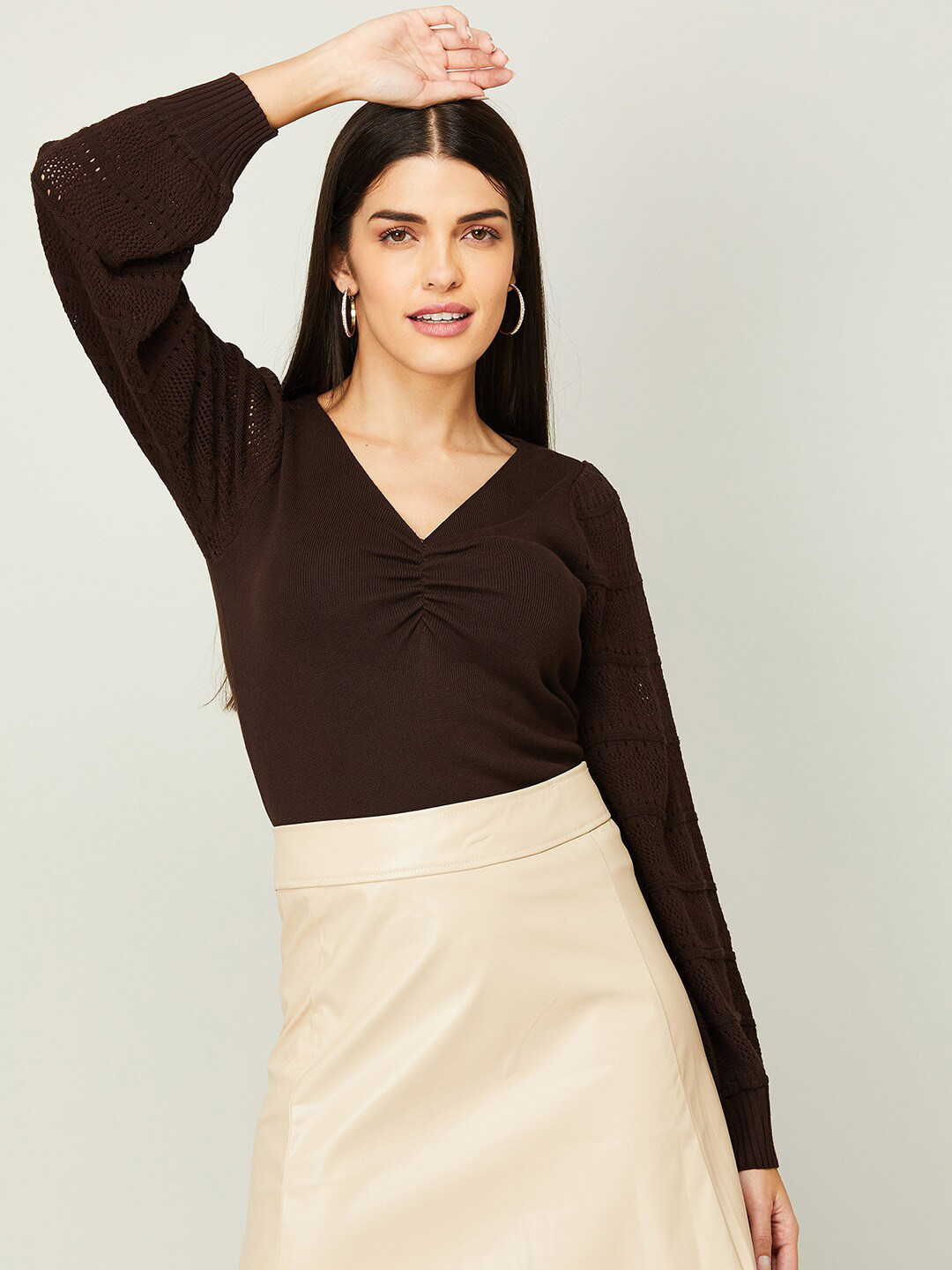 

CODE by Lifestyle Women Self-Design Open Knit Sweater, Brown