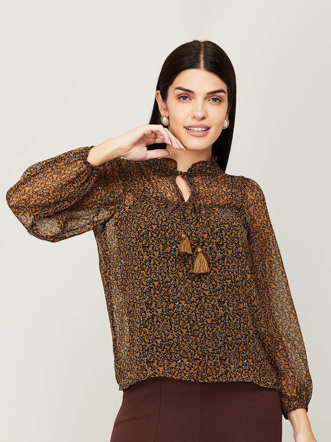 

Fame Forever by Lifestyle Floral Print Tie-Up Neck Top, Brown
