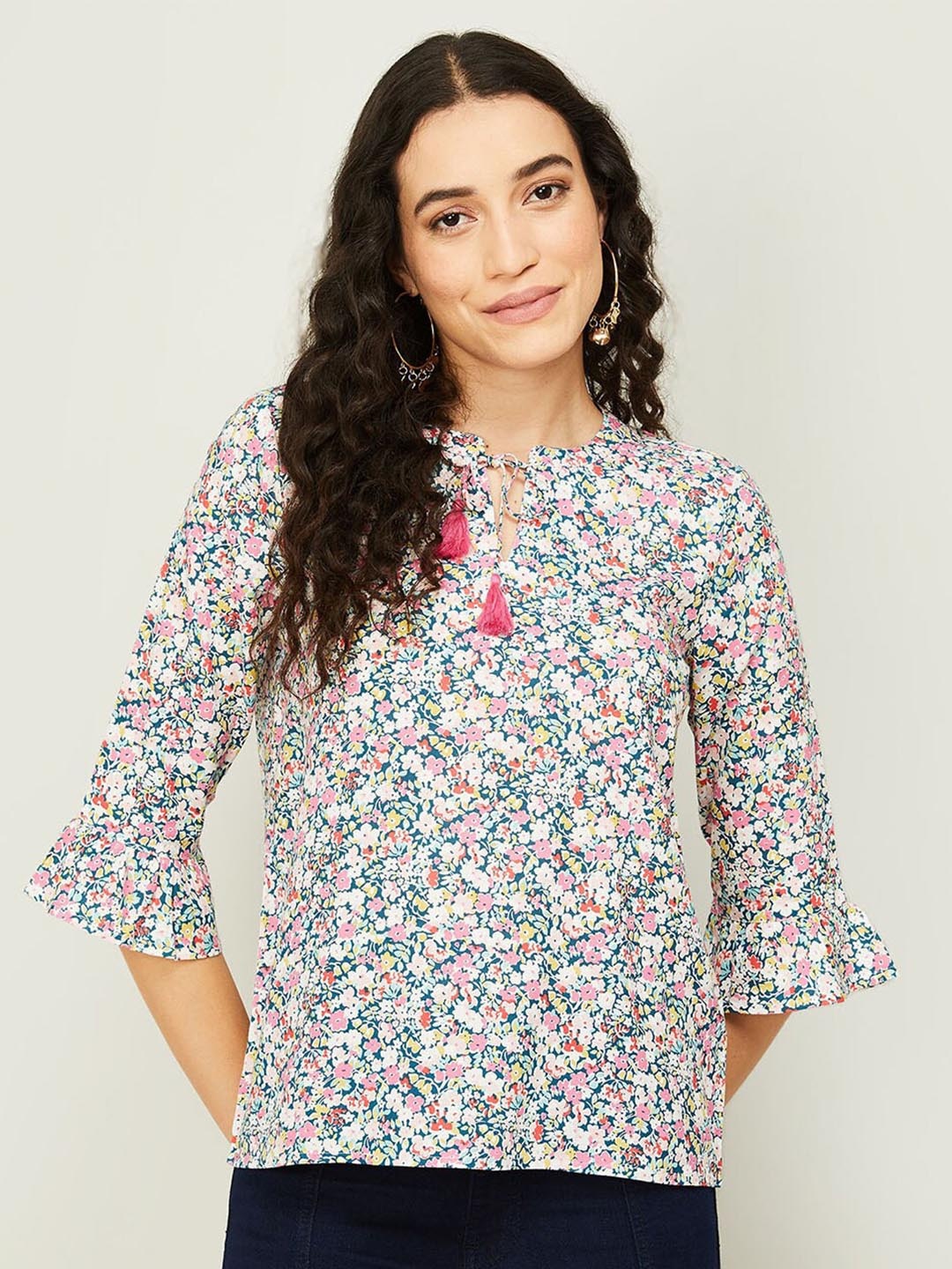 

Fame Forever by Lifestyle Floral Print Tie-Up Neck Top, Blue