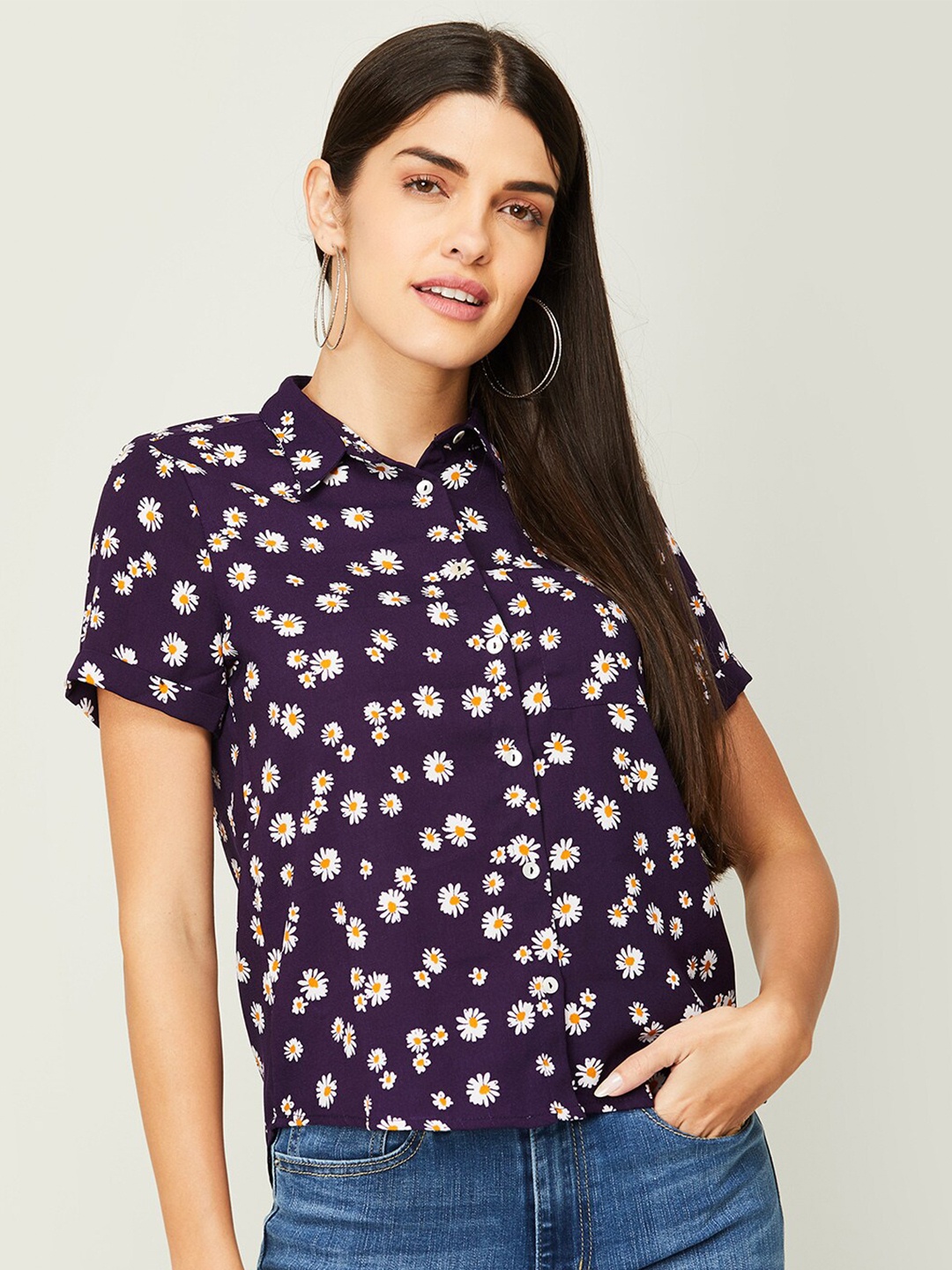 

Fame Forever by Lifestyle Floral Print Shirt Style Top, Purple