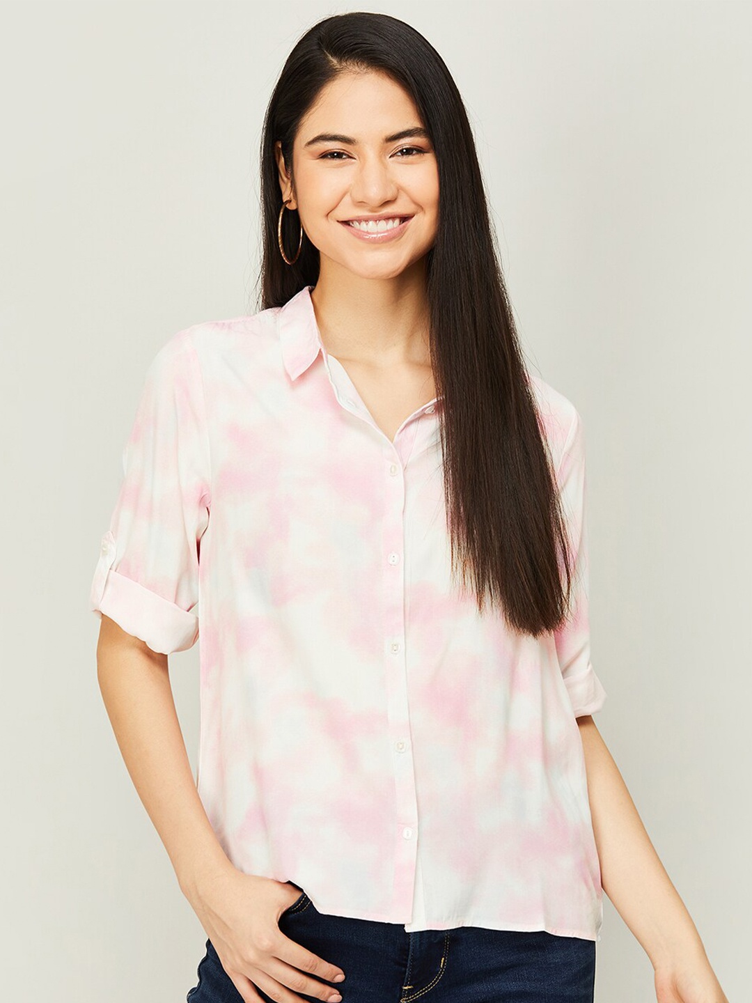 

Fame Forever by Lifestyle Tie and Dye Roll-Up Sleeves Shirt Style Top, Pink