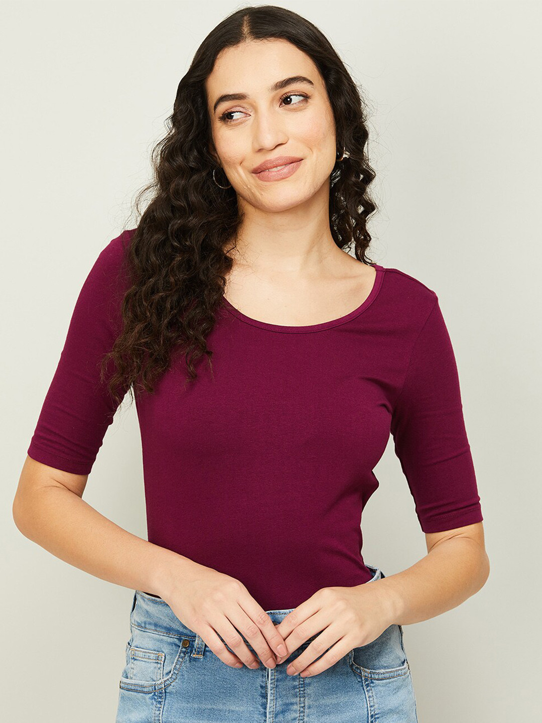 

Ginger by Lifestyle Solid Puff Sleeves Top, Purple