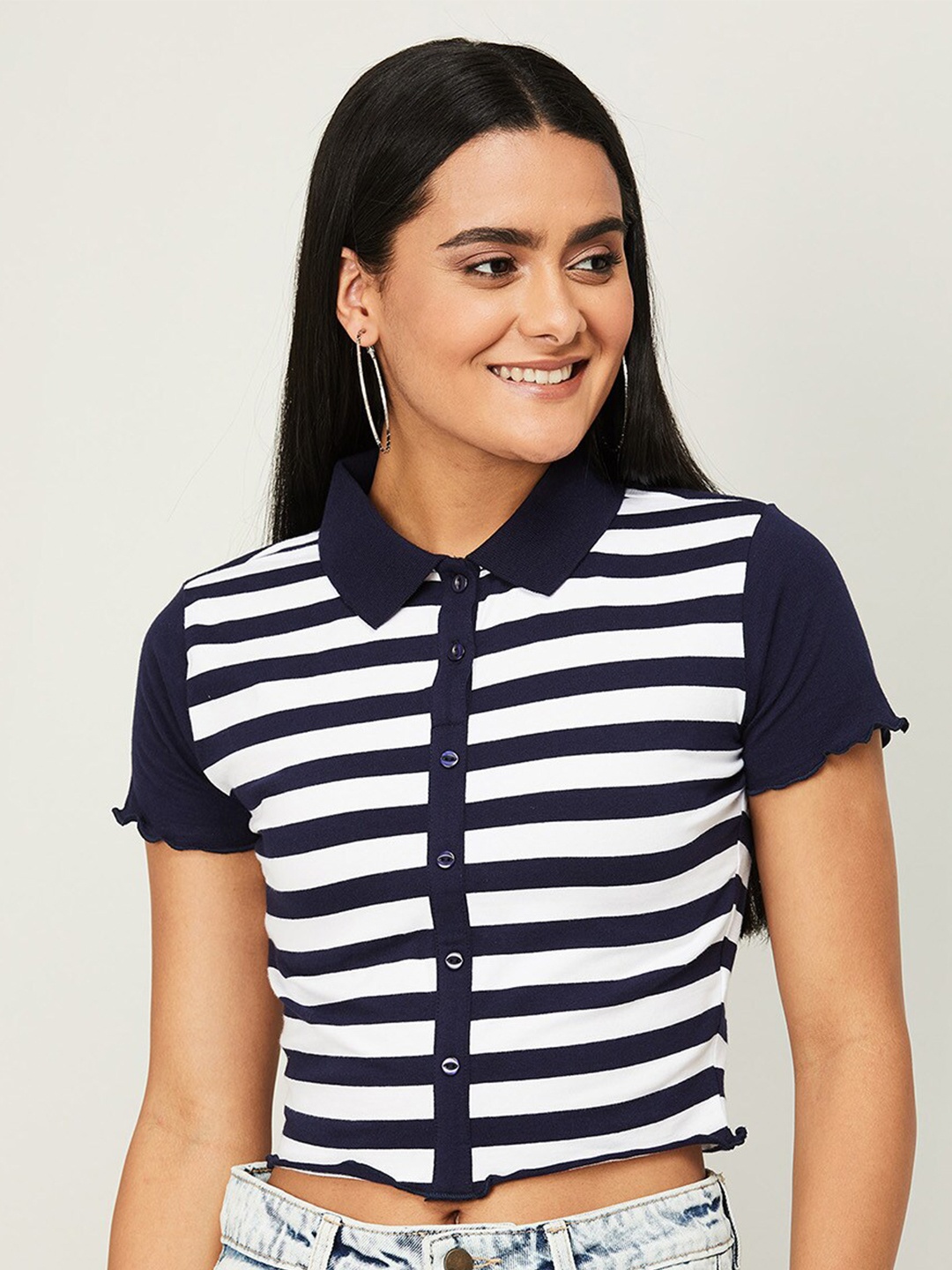 

Ginger by Lifestyle Striped Shirt Style Crop Top, Navy blue