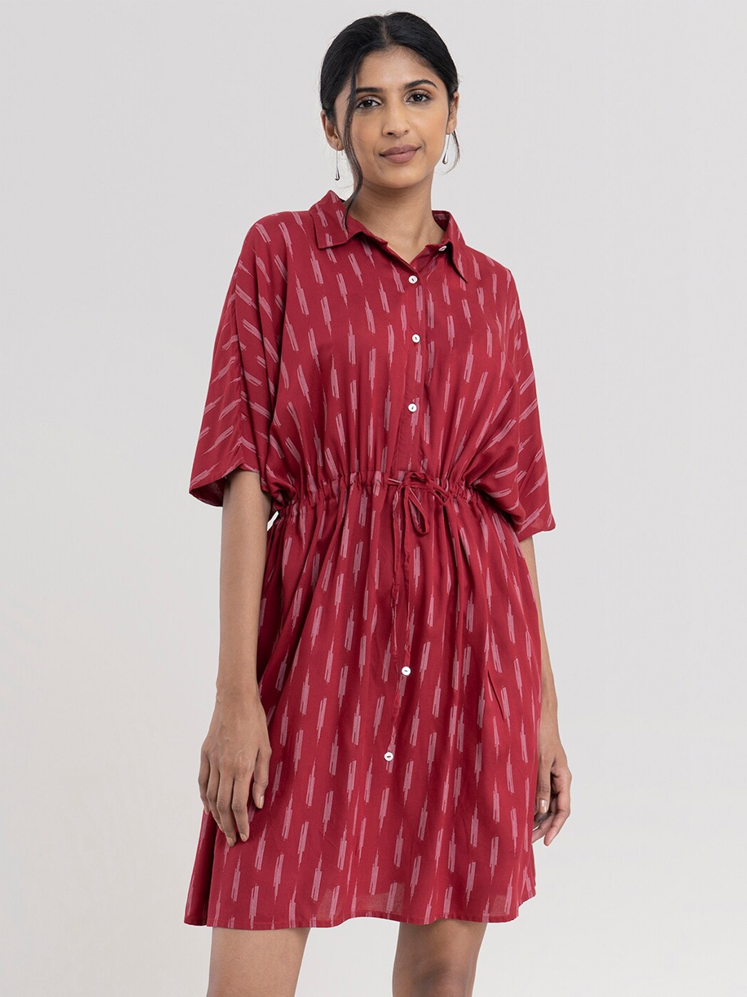 

Pink Fort Maroon & White Striped Shirt Dress