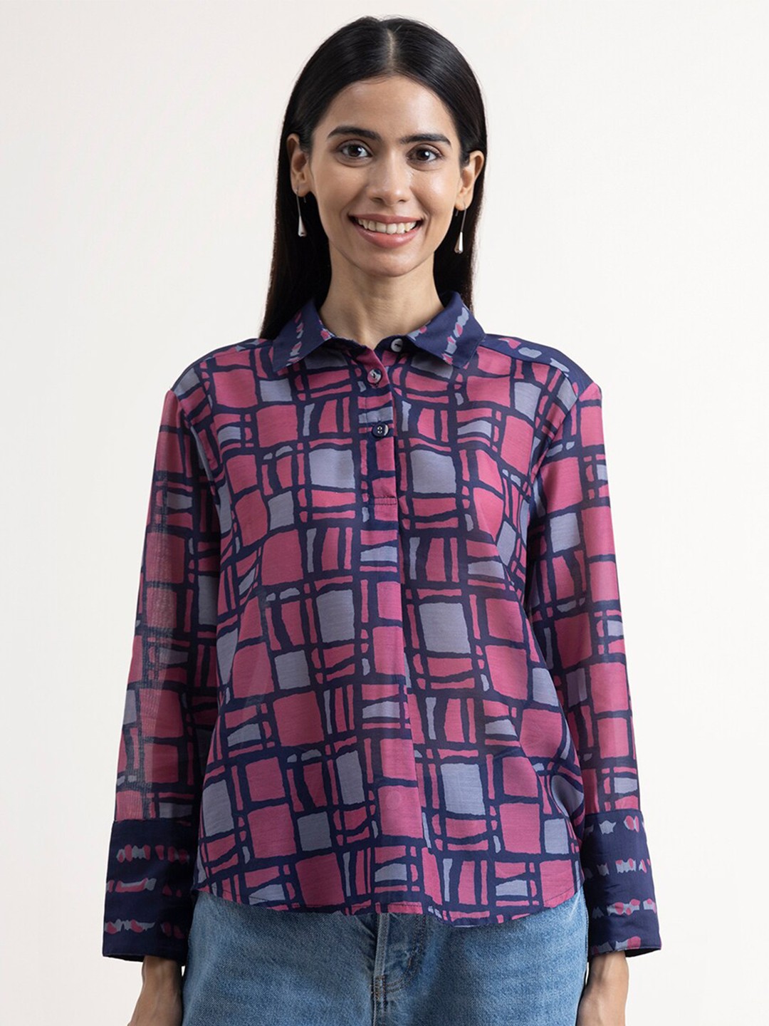 

Pink Fort Checked Shirt Style Top, Navy blue