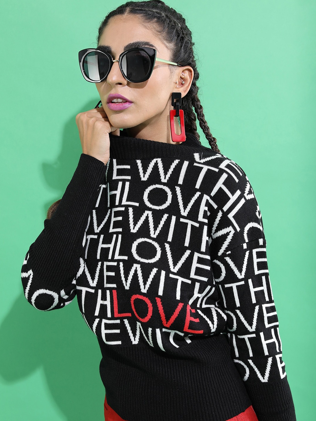 

Tokyo Talkies Women Black & White Typography Printed Pullover