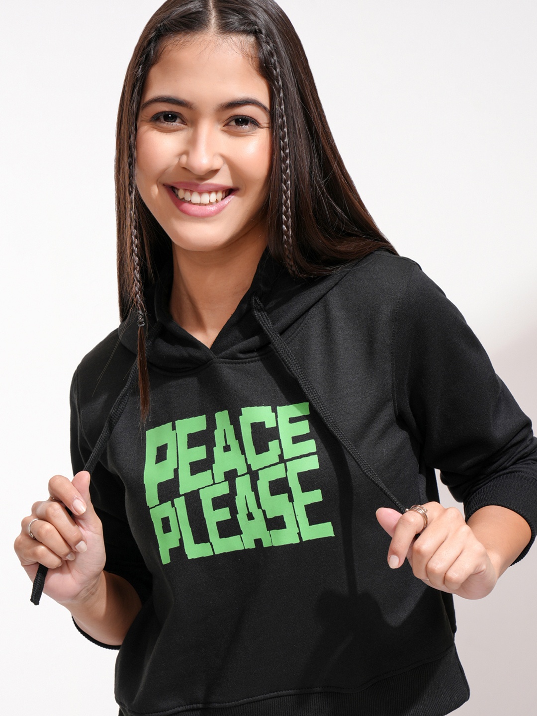 

Tokyo Talkies Women Printed Hooded Sweatshirt, Black