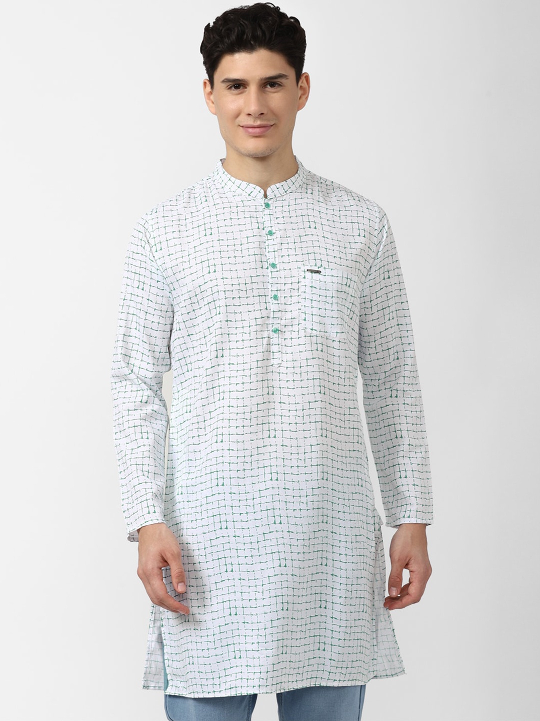 

Peter England Men White & Green Geometric Printed Kurta