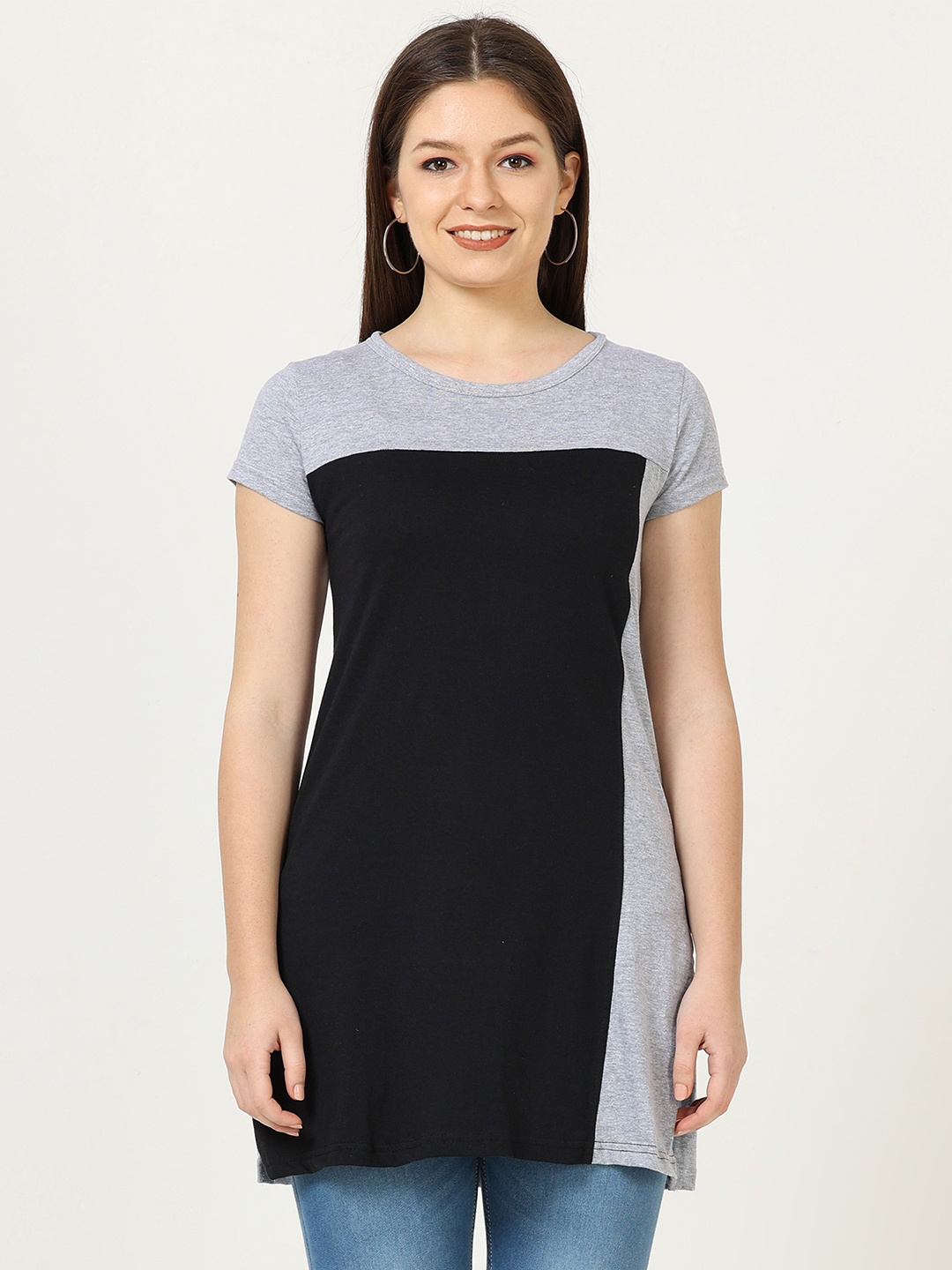 Fleximaa Colourblocked Longline Pure Cotton Top, Grey