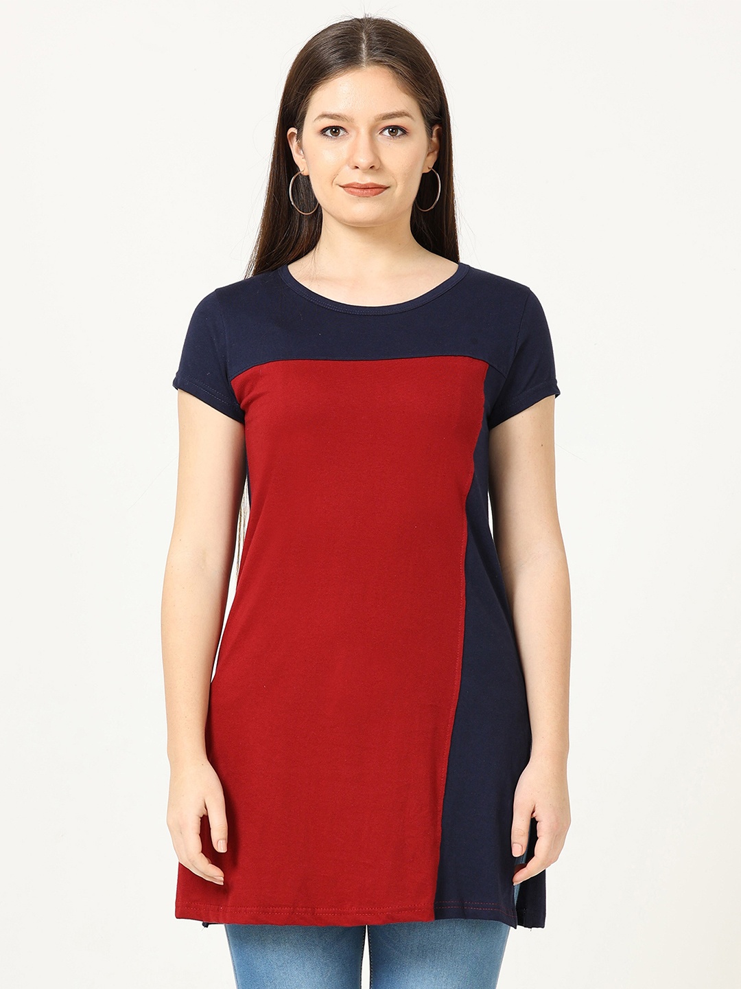 

Fleximaa Colourblocked Longline Pure Cotton Top, Red
