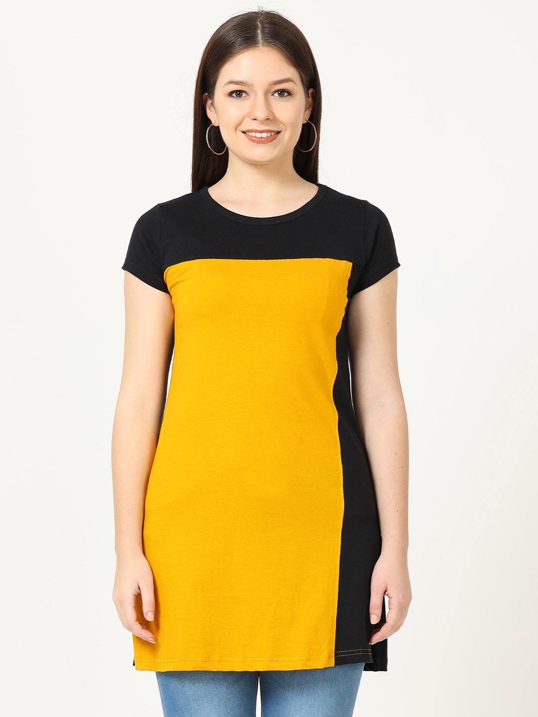 

Fleximaa Yellow & Black Colourblocked Longline Pure Cotton Top