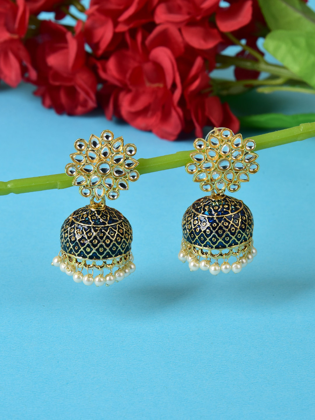 

Ethonica Women Gold-Plated Dome Shaped Jhumkas Earrings, Blue