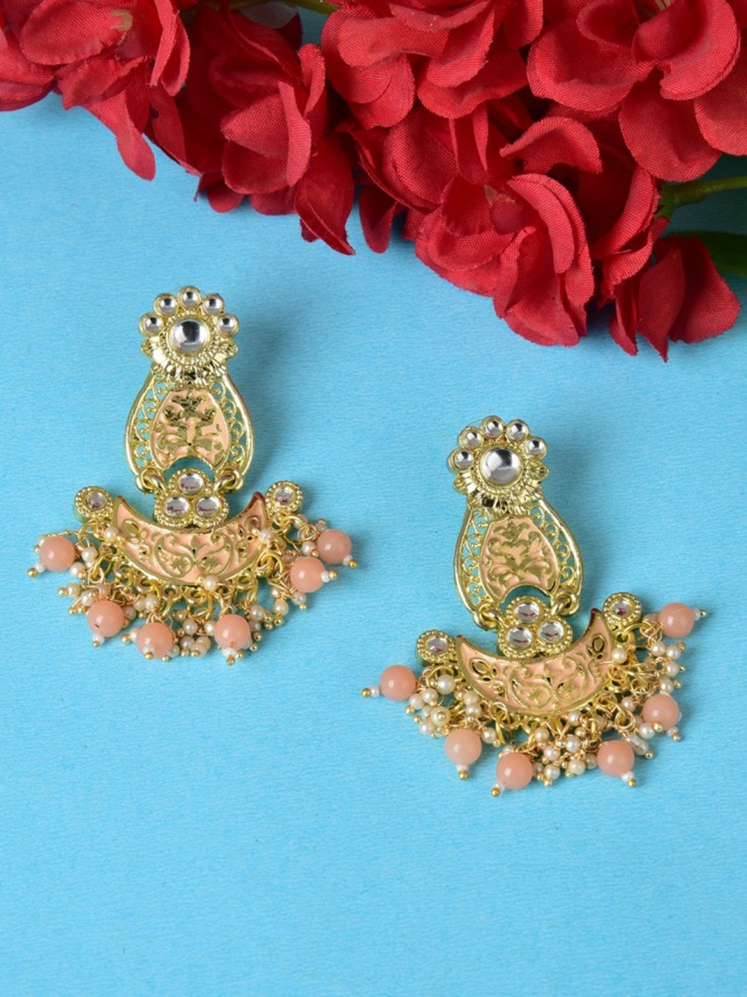 

Ethonica Women Gold-Plated Crescent Shaped Chandbalis Earrings, Pink
