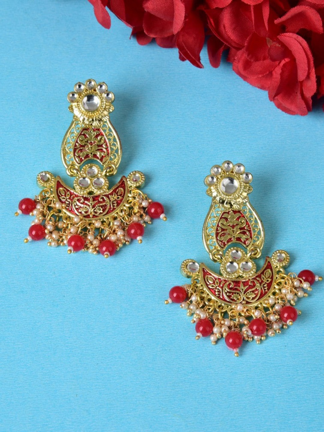 

Ethonica Women Gold-Plated Crescent Shaped Chandbalis Earrings, Red