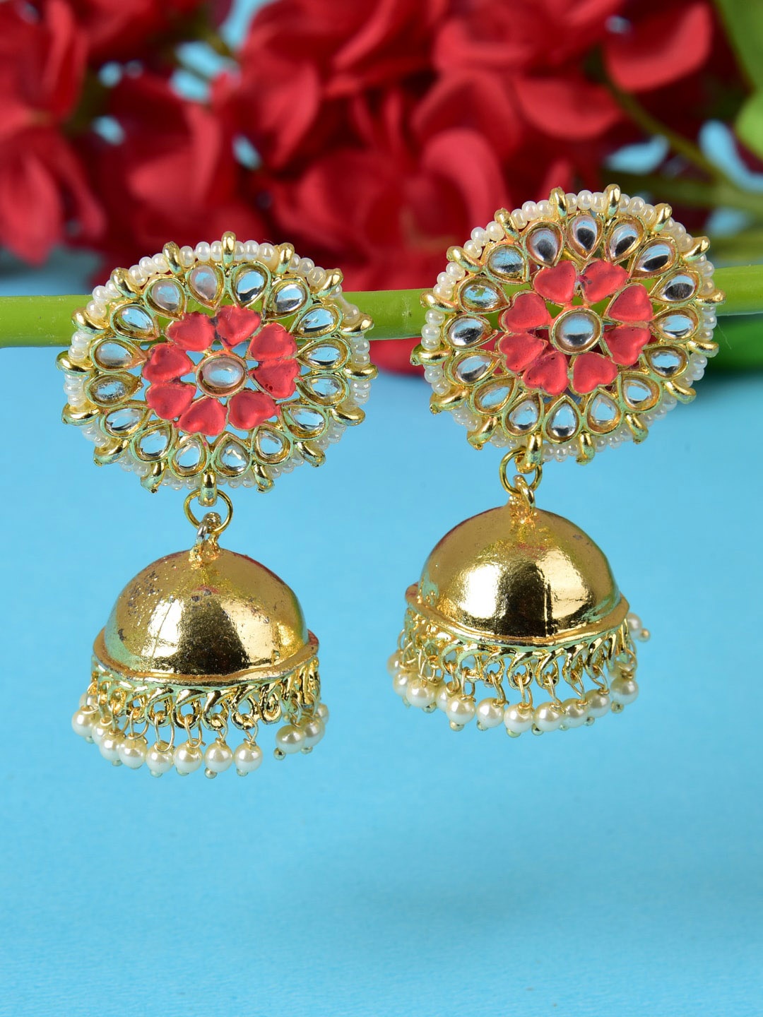 

Ethonica Women Gold-Plated Dome Shaped Jhumkas Earrings, Red