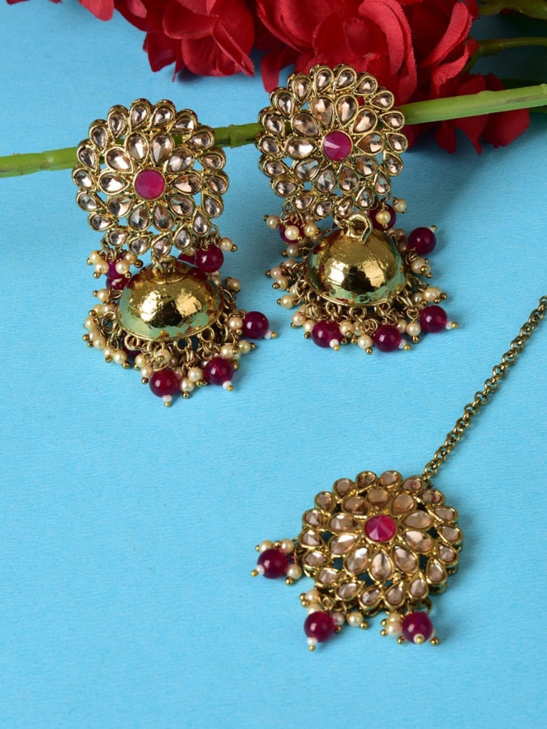 

Ethonica Women Gold-Plated Dome Shaped Jhumkas Earrings & Maangtika