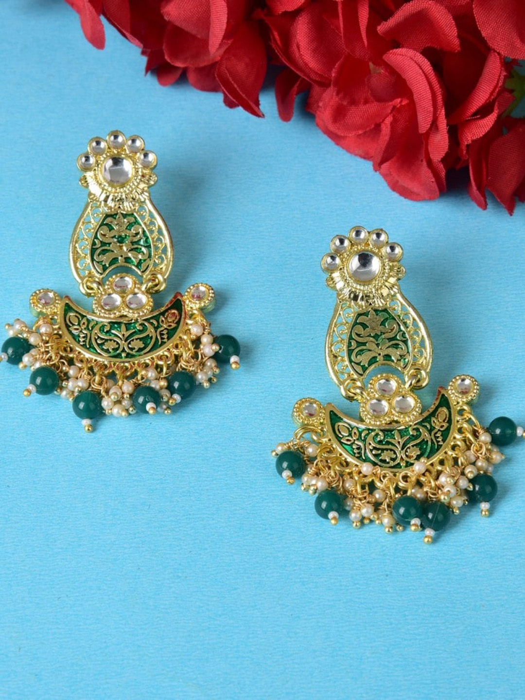 

Ethonica Women Gold-Plated Crescent Shaped Chandbalis Earrings, Green