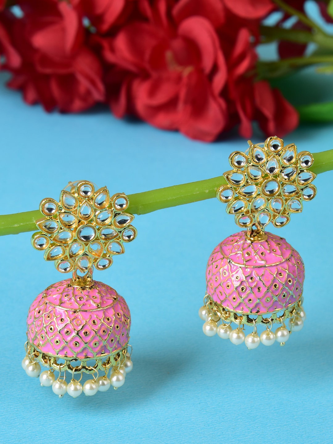 

Ethonica Women Gold-Plated Dome Shaped Jhumkas Earrings, Pink