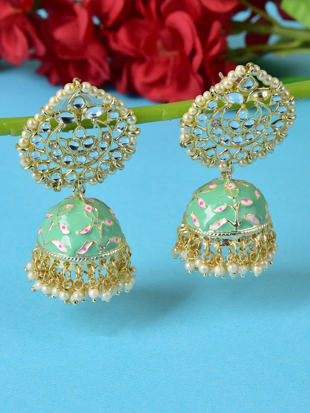 

Ethonica Women Gold-Plated Dome Shaped Jhumkas Earrings, Green