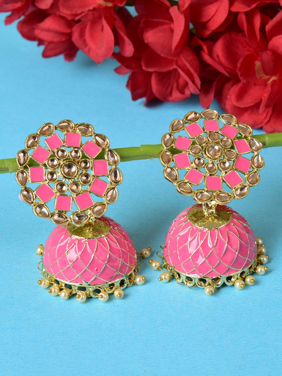 

Ethonica Women Gold-Plated Dome Shaped Jhumkas Earrings, Pink