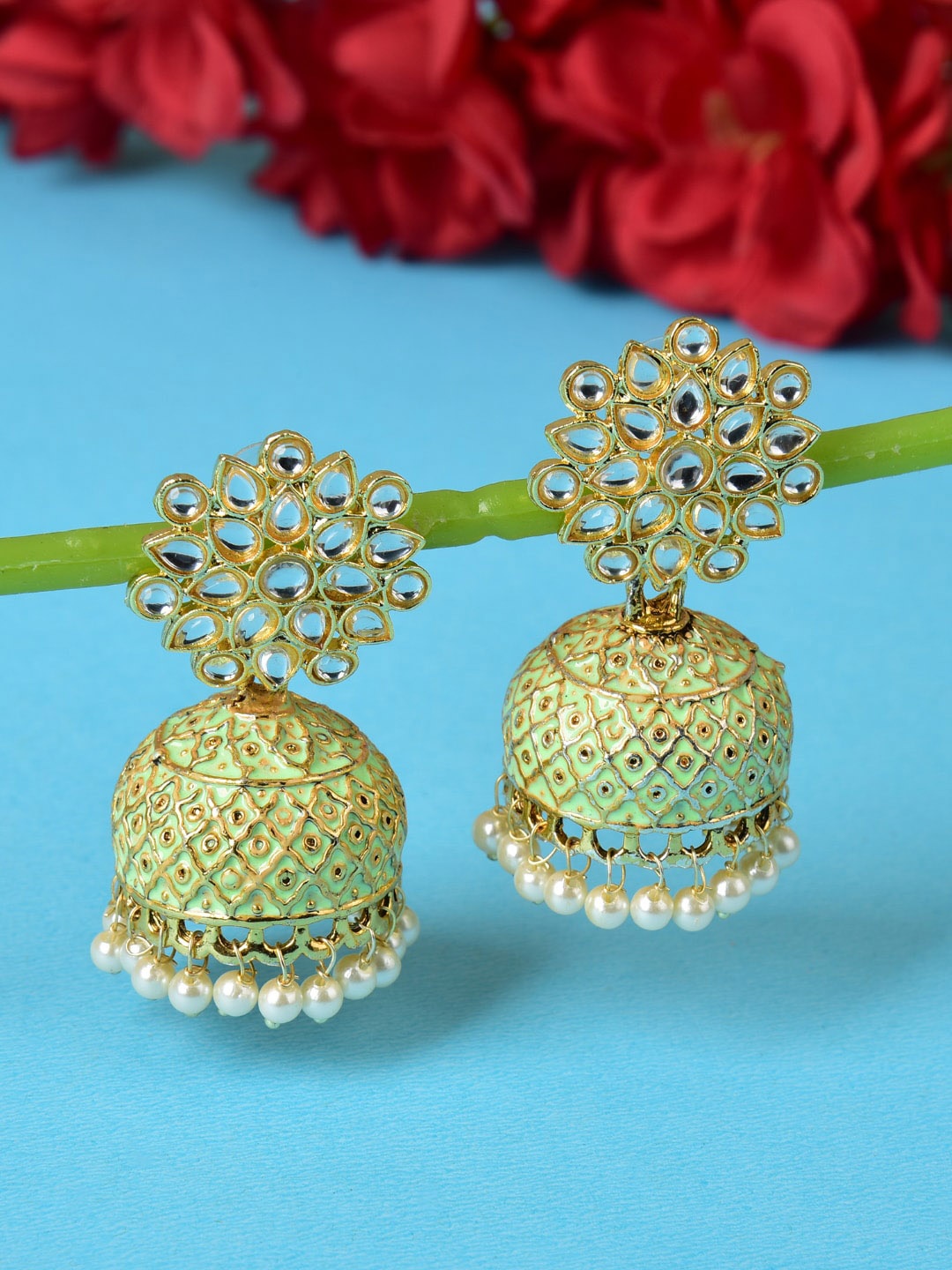 

Ethonica Women Gold-Plated Dome Shaped Jhumkas Earrings, Green