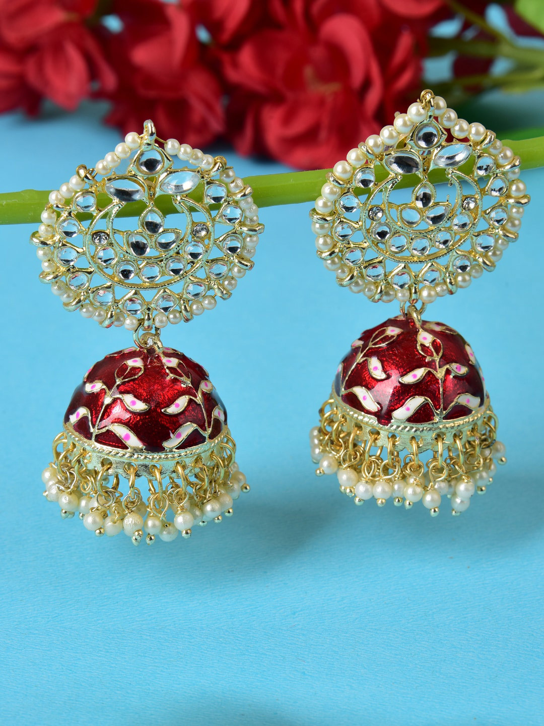 

Ethonica Women Dome Shaped Jhumkas Earrings, Red