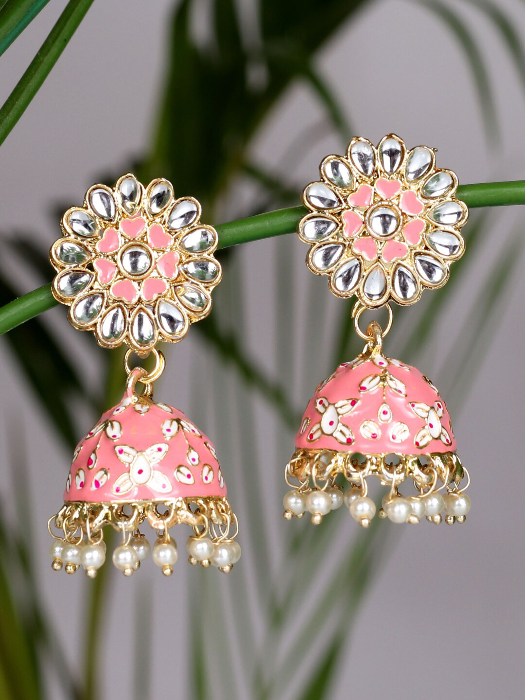 

Ethonica Women Pink Gold-Plated Dome Shaped Jhumkas Earrings