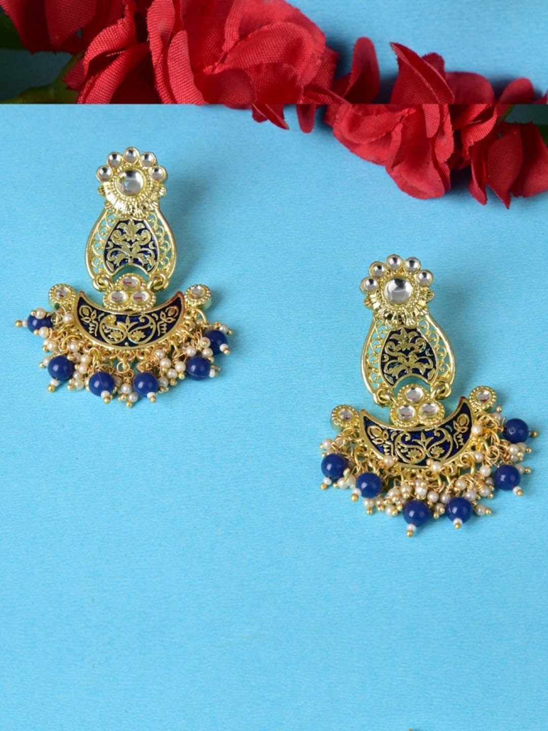 

Ethonica Women Blue Gold-Plated Crescent Shaped Chandbalis Earrings