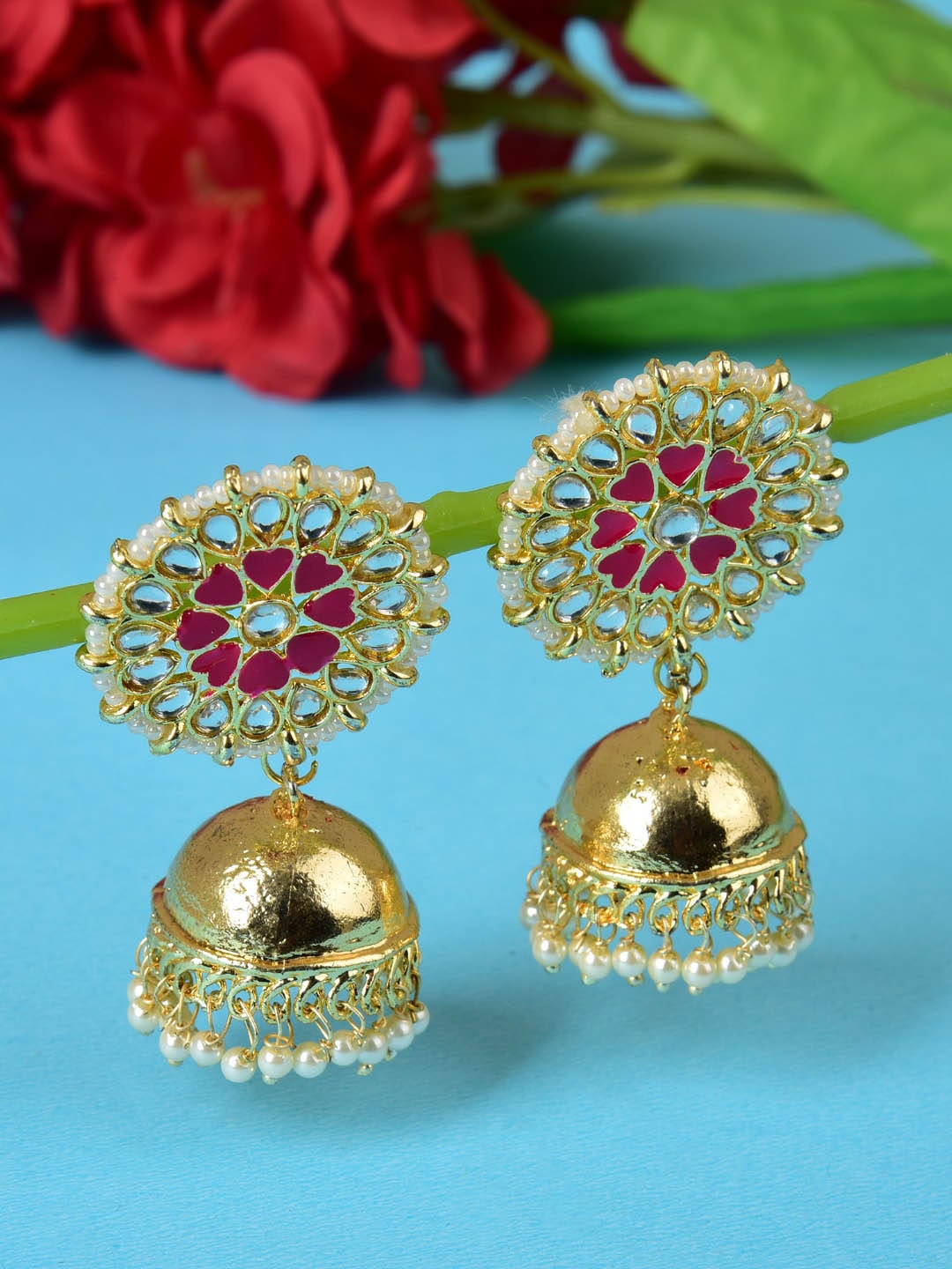 

Ethonica Women Red Gold-Plated Dome Shaped Jhumkas Earrings