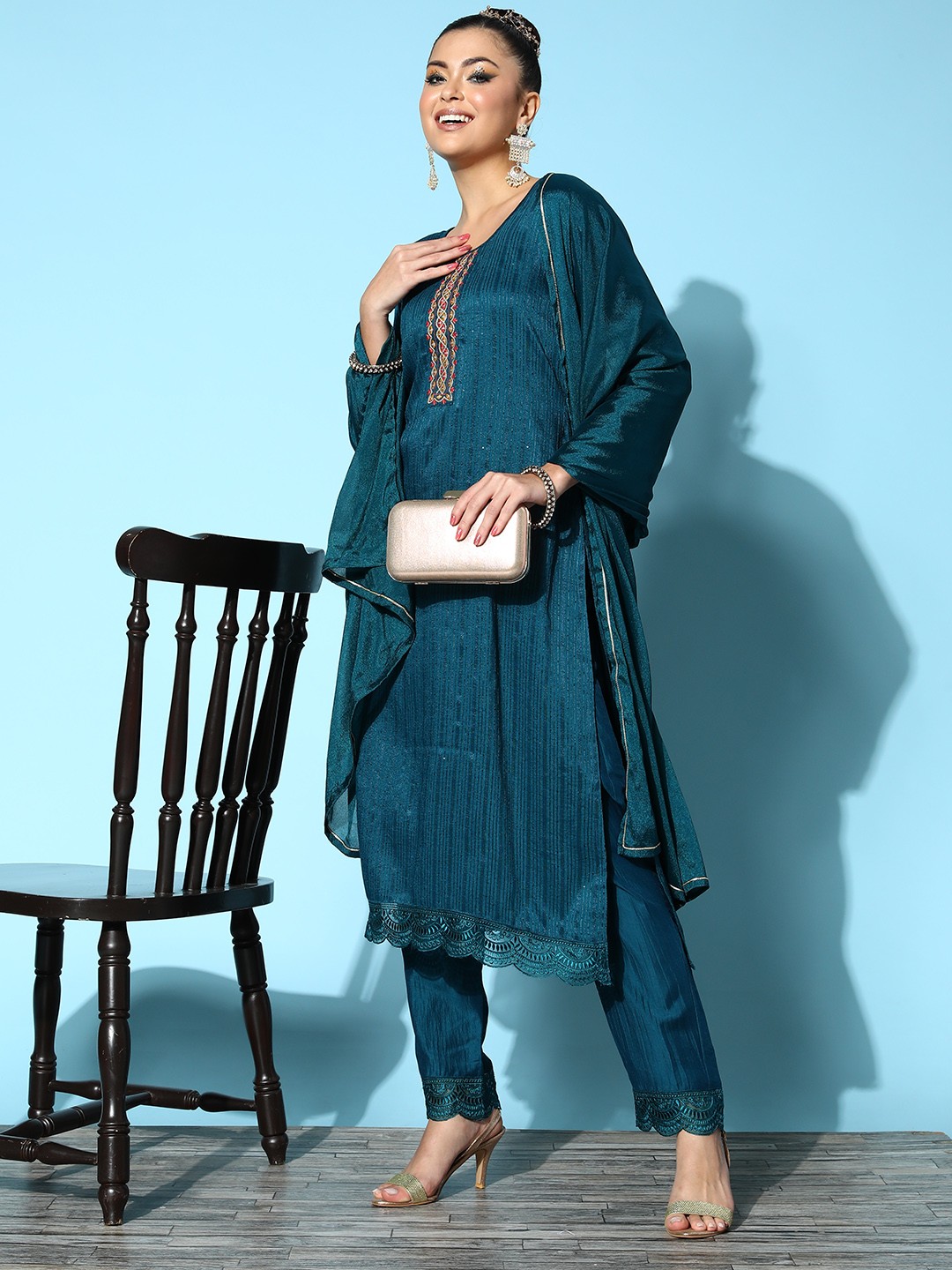 

SheWill Women Ethnic Motifs Silk Blend Hyper Texture Kurta Set, Blue