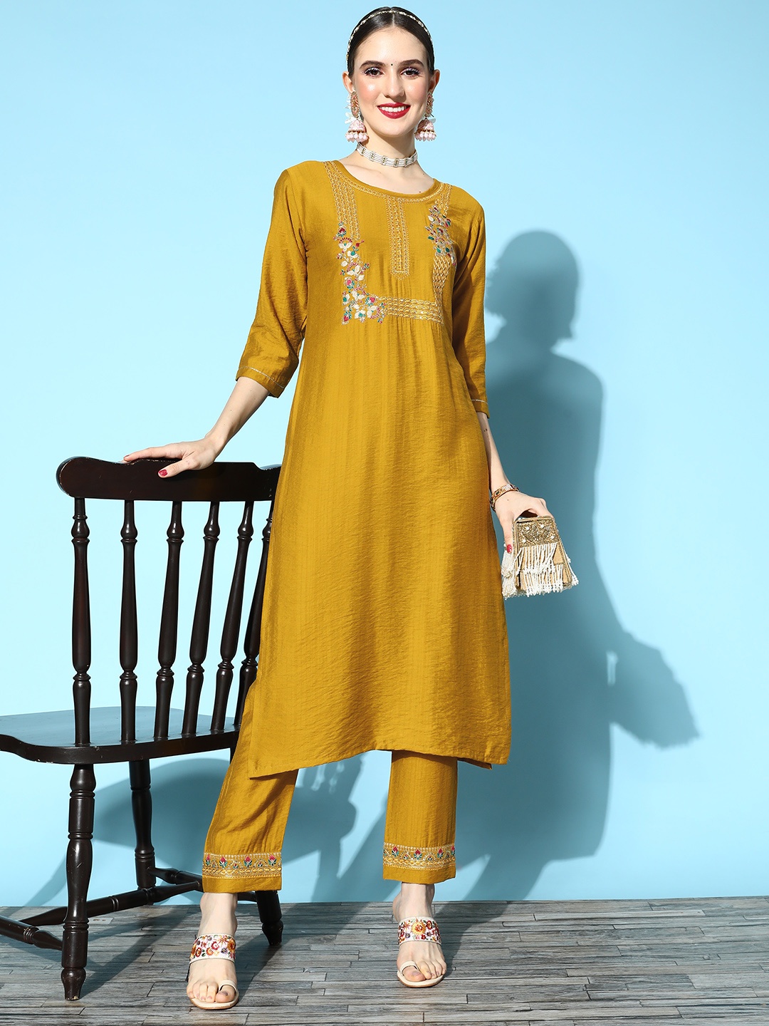 

SheWill Women Floral Viscose Rayon Hyper Texture Kurta Set, Mustard