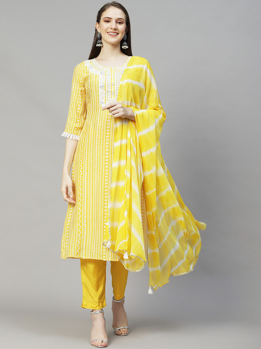 

FASHOR Women Yellow Printed & Embroidered Straight Kurta with Trousers & With Dupatta